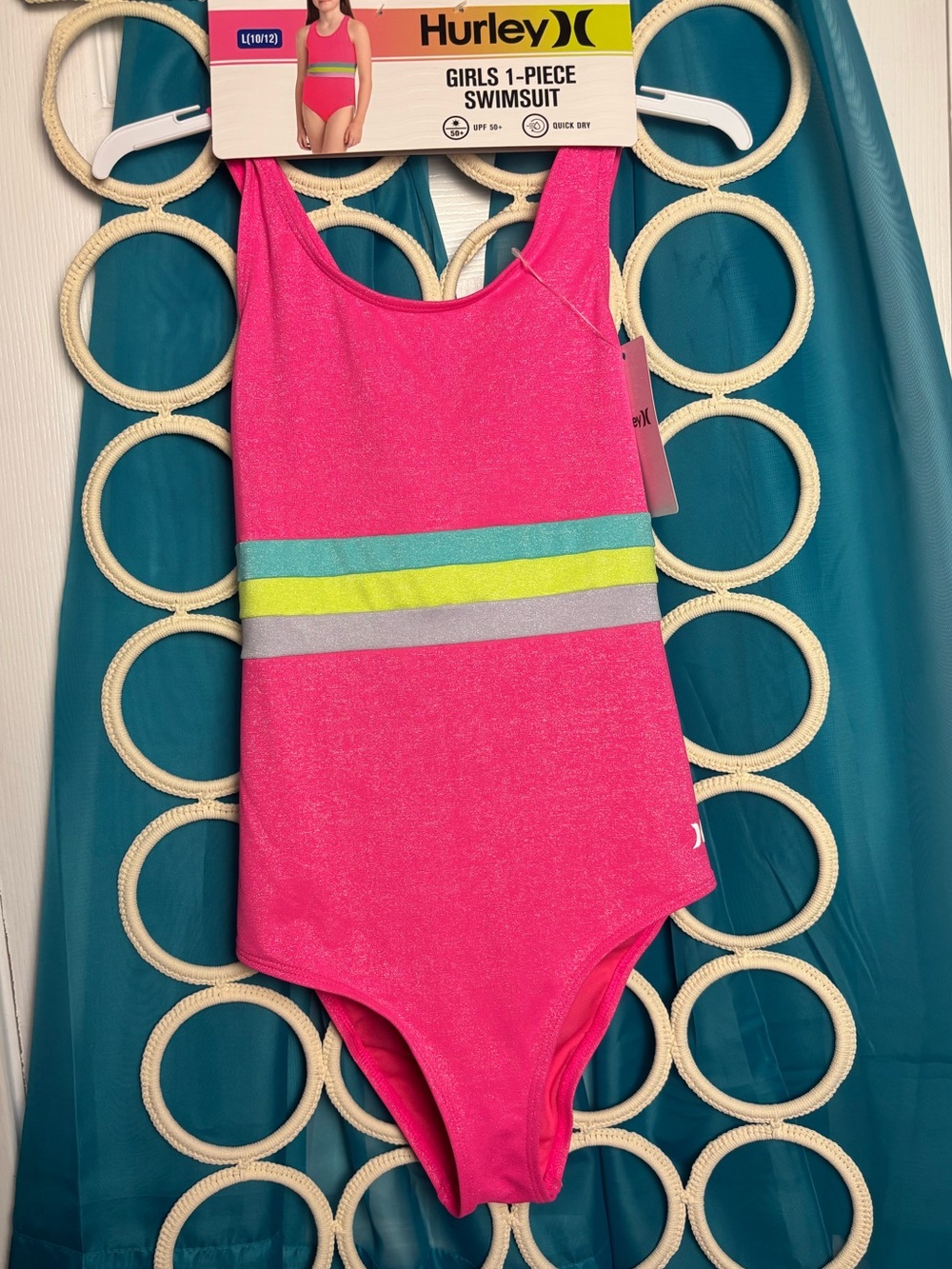 Hurley Pink Girls' One-Piece Swimsuit with Teal, Yellow & Gray Stripes Large NWT - Picture 7 of 13